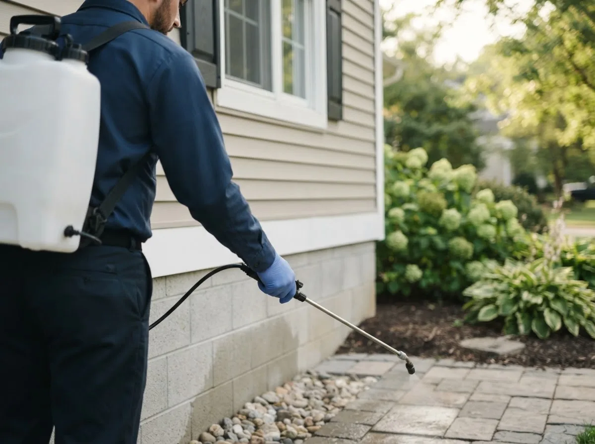 Pest control technician inspecting a home in Cummaquid, MA